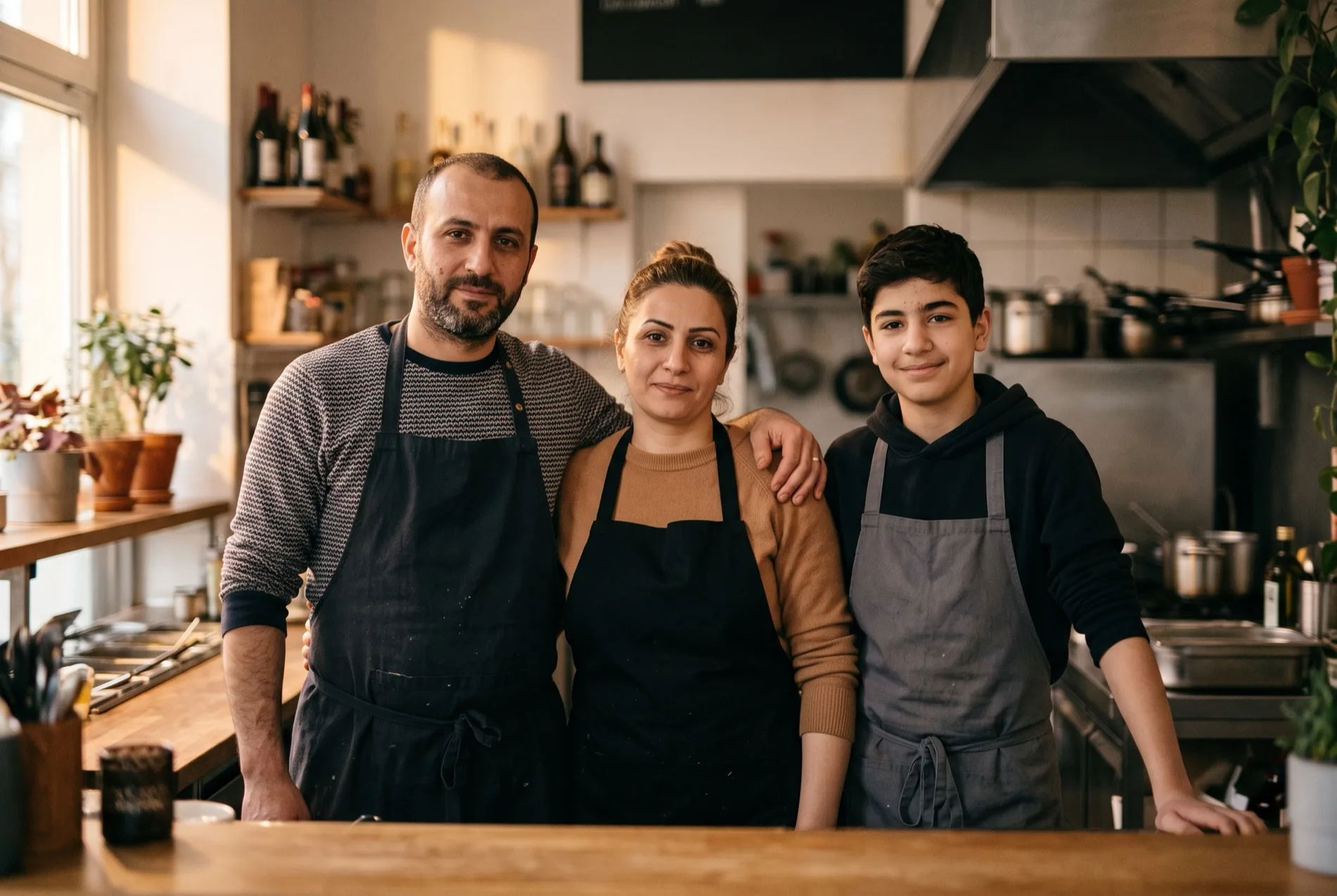 Ein Ehepaar und ihr Sohn stehen nach Feierabend hinter dem Tresen ihres Restaurants